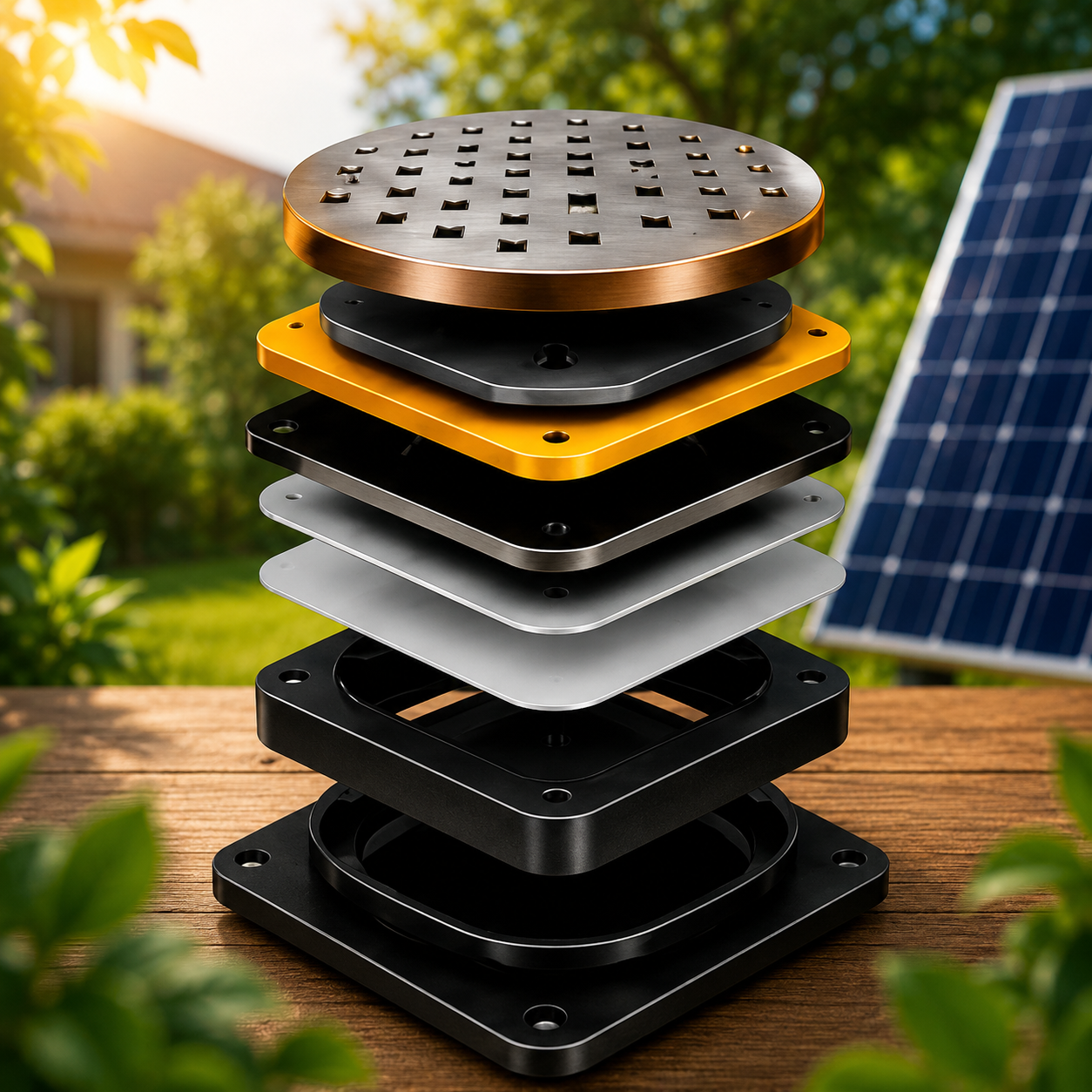 Exploded view of Teg Solar multi-layer heat transfer cooking plate